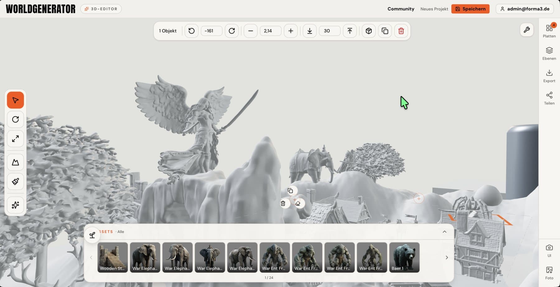 The Worldgenerator 3D editor in the browser: a fantasy scene with statue, war elephants and castle across several print plates